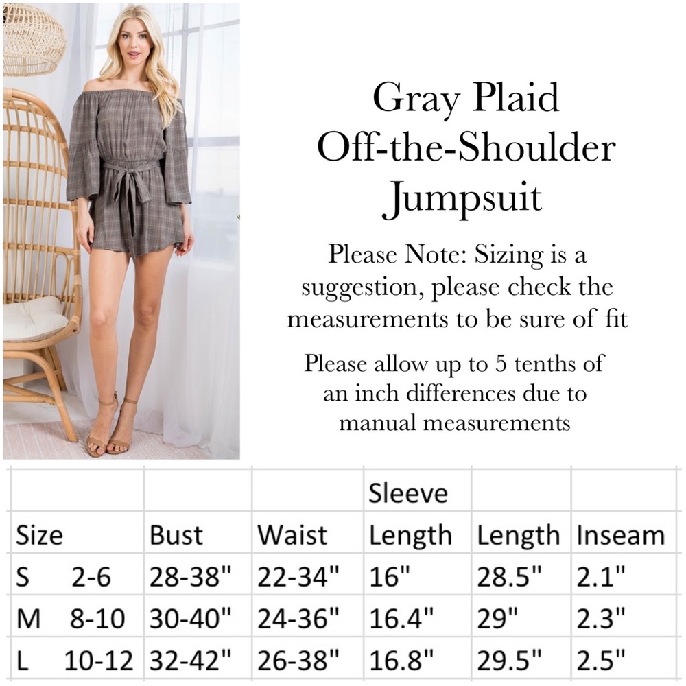 Flirty Gray Plaid Off-the-Shoulder Romper Jumpsuit - Picture 16 of 16